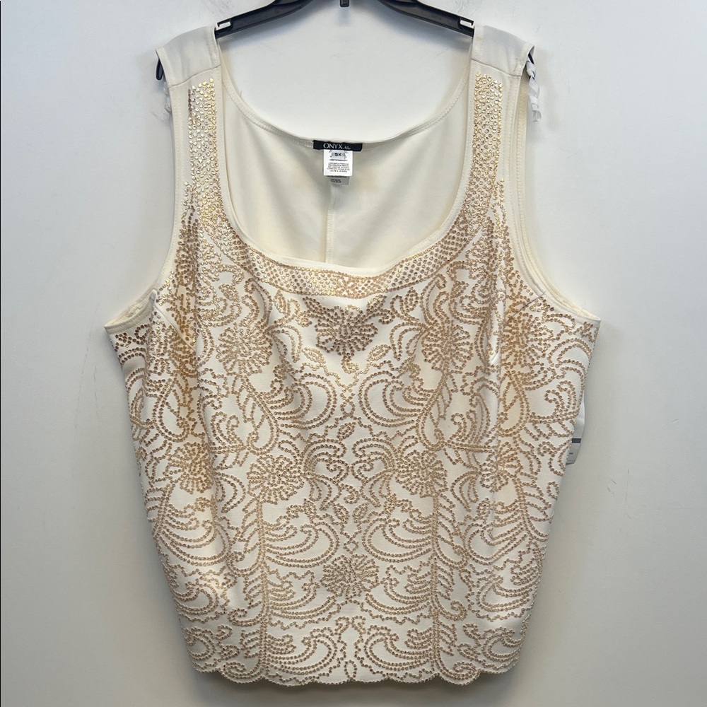 Onyx Nite Ivory and Gold Dressy Formal Beaded Scoop Neck Sleeveless Blouse 5X